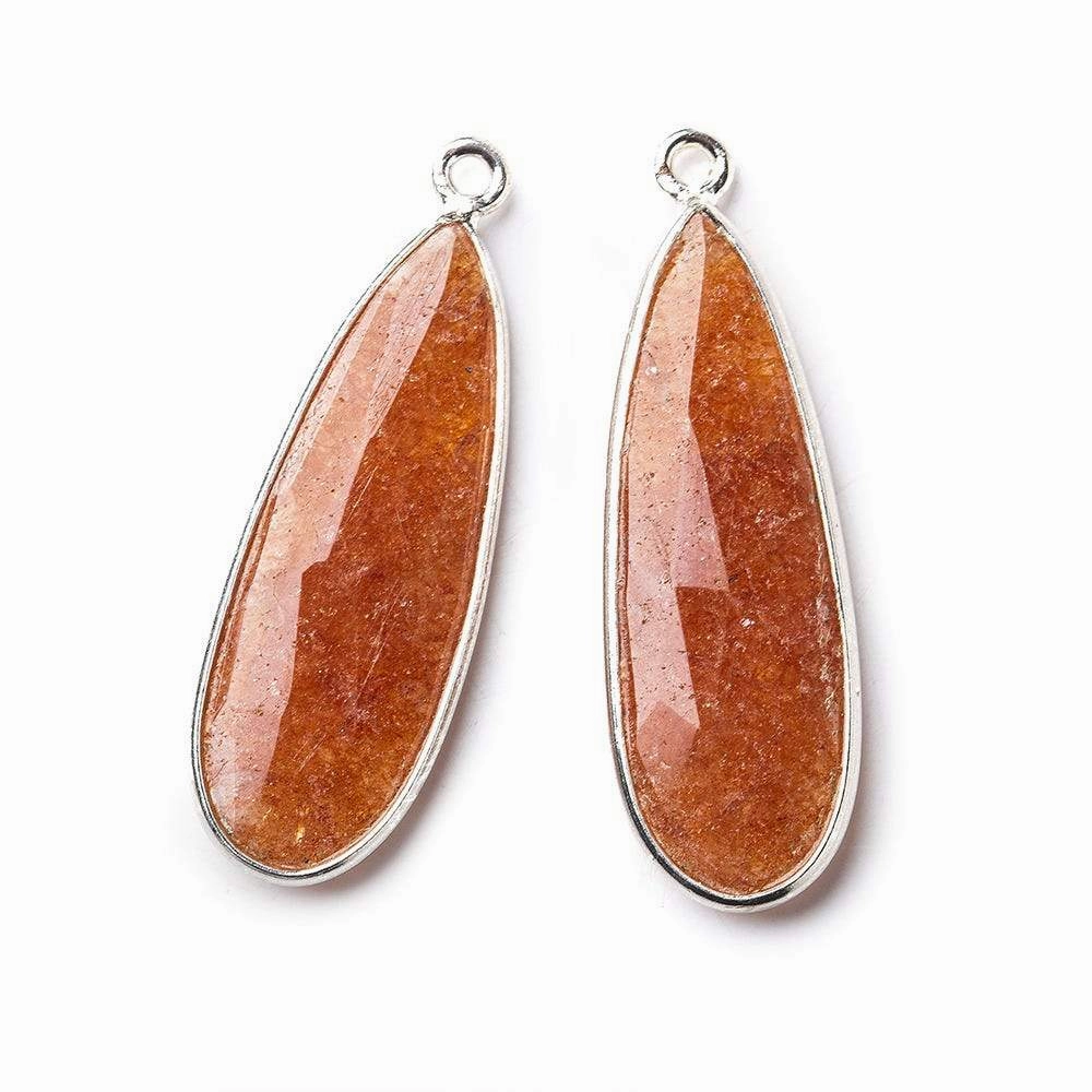 Sterling Silver Bezel Peach Blush Aventurine Elongated Faceted Pear Set of 2 Pendants 30x12mm