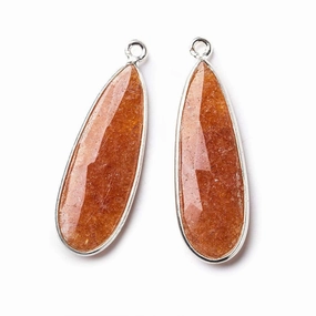 Sterling Silver Bezel Peach Blush Aventurine Elongated Faceted Pear Set of 2 Pendants 30x12mm