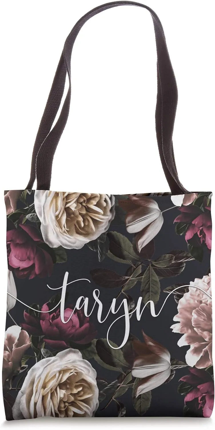 Taryn - Elegant Floral Rose & Peony Personalized Name Tote Bag