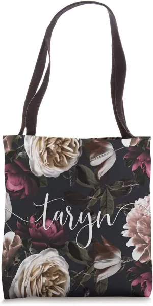 Taryn - Elegant Floral Rose & Peony Personalized Name Tote Bag