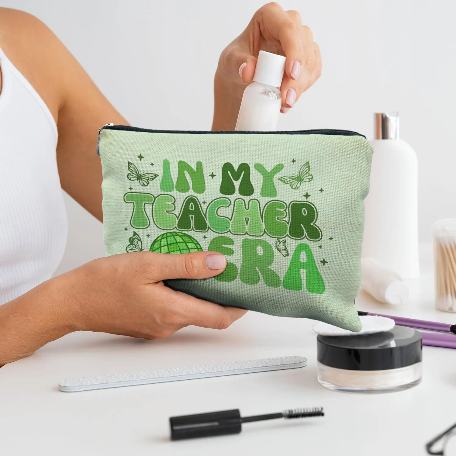 Teacher Makeup Cosmetic Bag - Makeup Bag Gifts for Woman, End of Year & Best Teachers, Pink Groovy in My Teacher Era Small Size for Purse (Green)