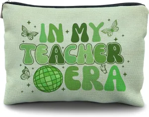 Teacher Makeup Cosmetic Bag - Makeup Bag Gifts for Woman, End of Year & Best Teachers, Pink Groovy in My Teacher Era Small Size for Purse (Green)