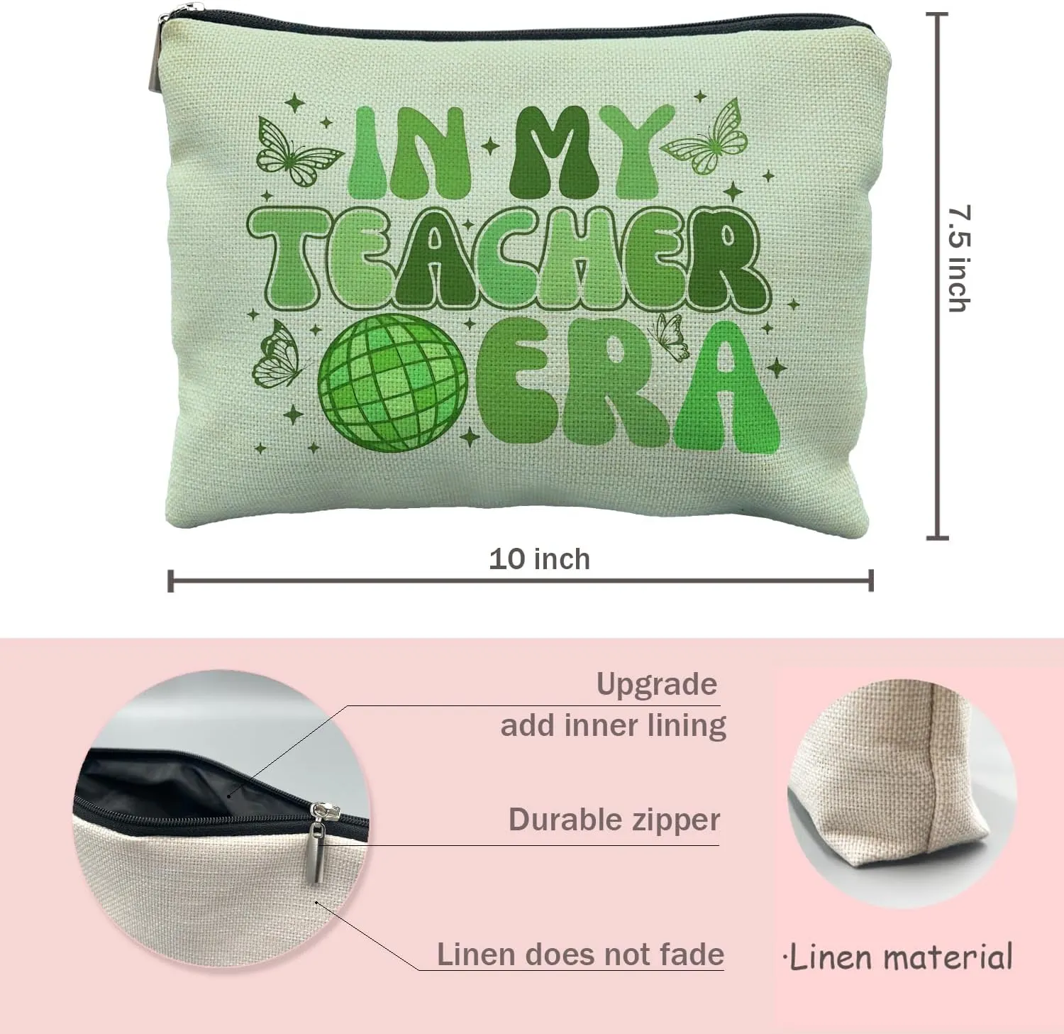 Teacher Makeup Cosmetic Bag - Makeup Bag Gifts for Woman, End of Year & Best Teachers, Pink Groovy in My Teacher Era Small Size for Purse (Green)