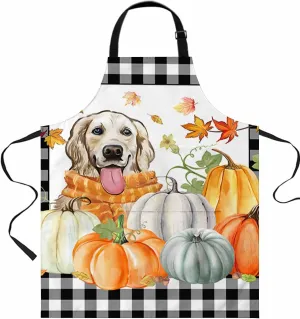 Thanksgiving Pumpkin Dog Waterproof Apron With Pockets, Black Plaid Autumn Maple Leaf Kitchen Chefs Bib Cooking BBQ Grill Bake Adjustable Aprons for Women/Kids Home Garden Grooming Painting Gardening