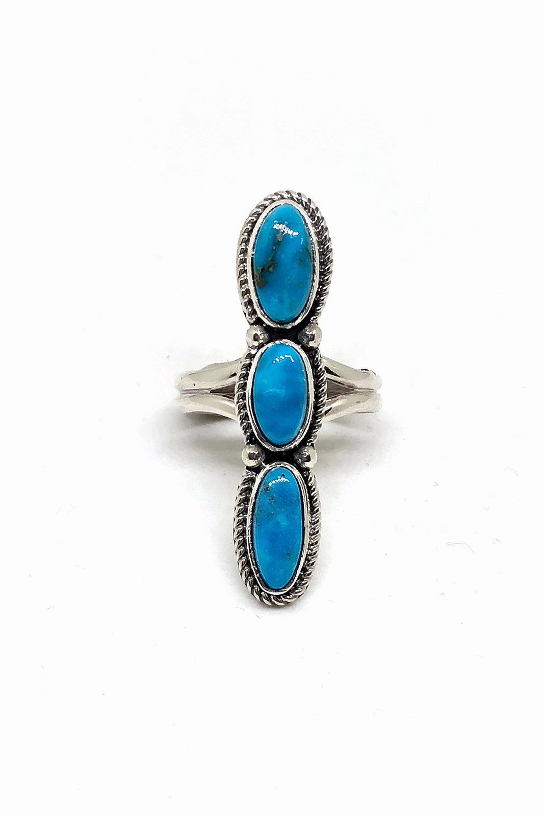 Triple Stone Long Blue Turquoise Ring (size 9)