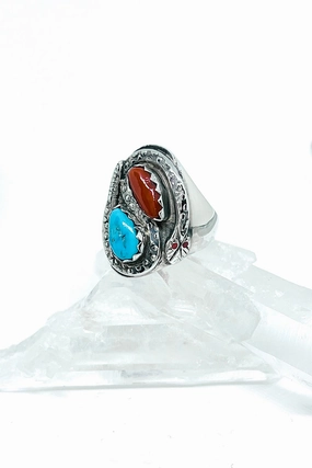 Turquoise and Coral Rattlesnake Ring (Size 10 ½)