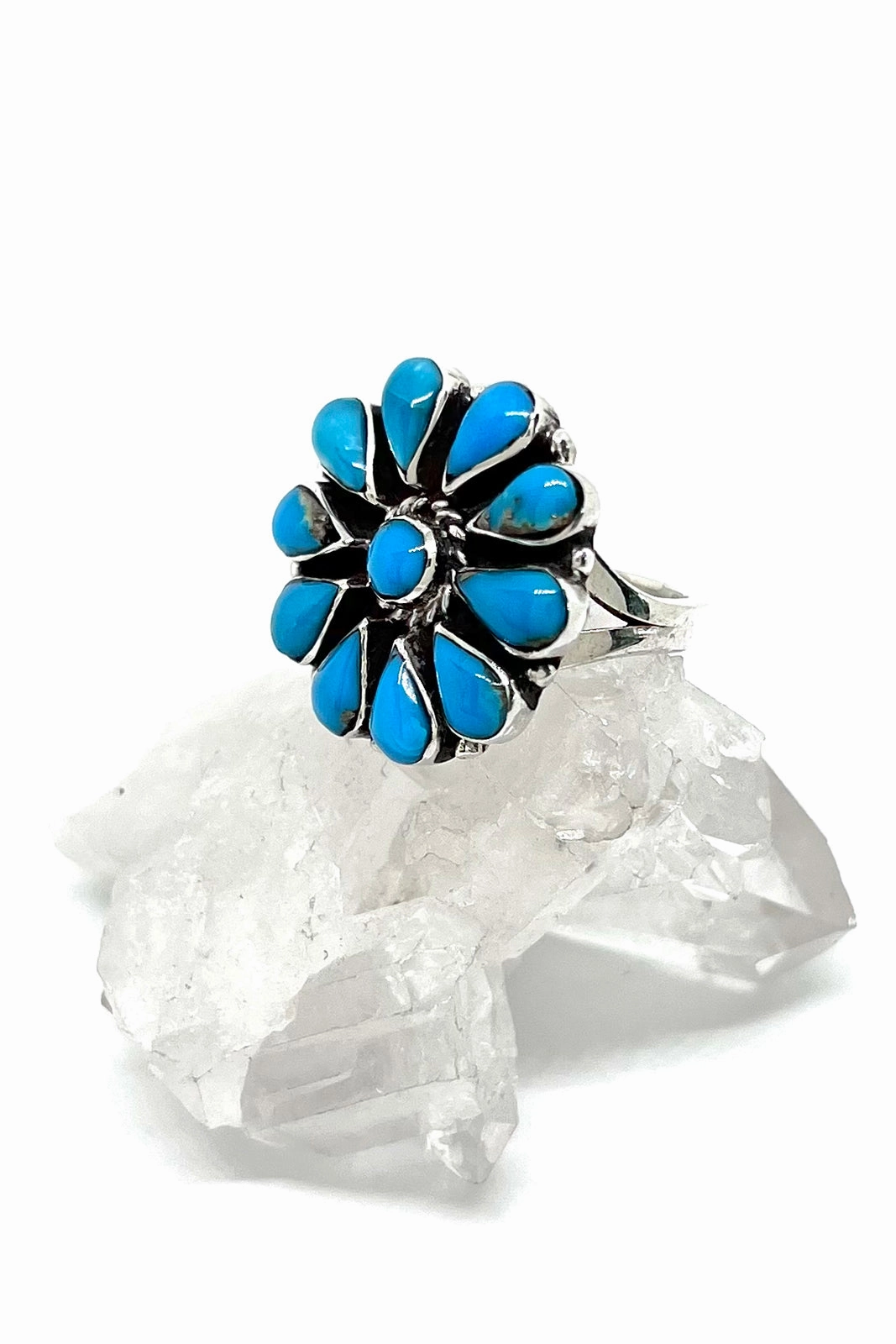 Turquoise Sterling Silver Flower Cluster Ring (Size 6.5 )