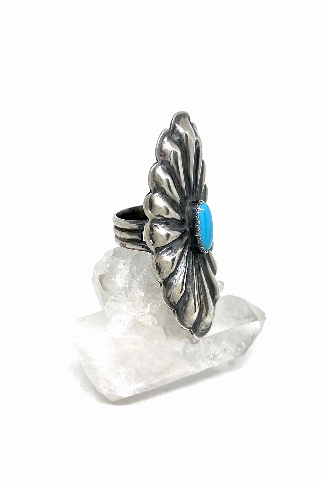 Turquoise Sterling Silver Shield Repousse Ring (Size 9)