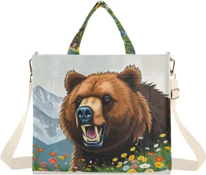 Tusk Bear Corduroy Tote Versatile Shoulder Bag for Women with Zipper Magnetic Clasp