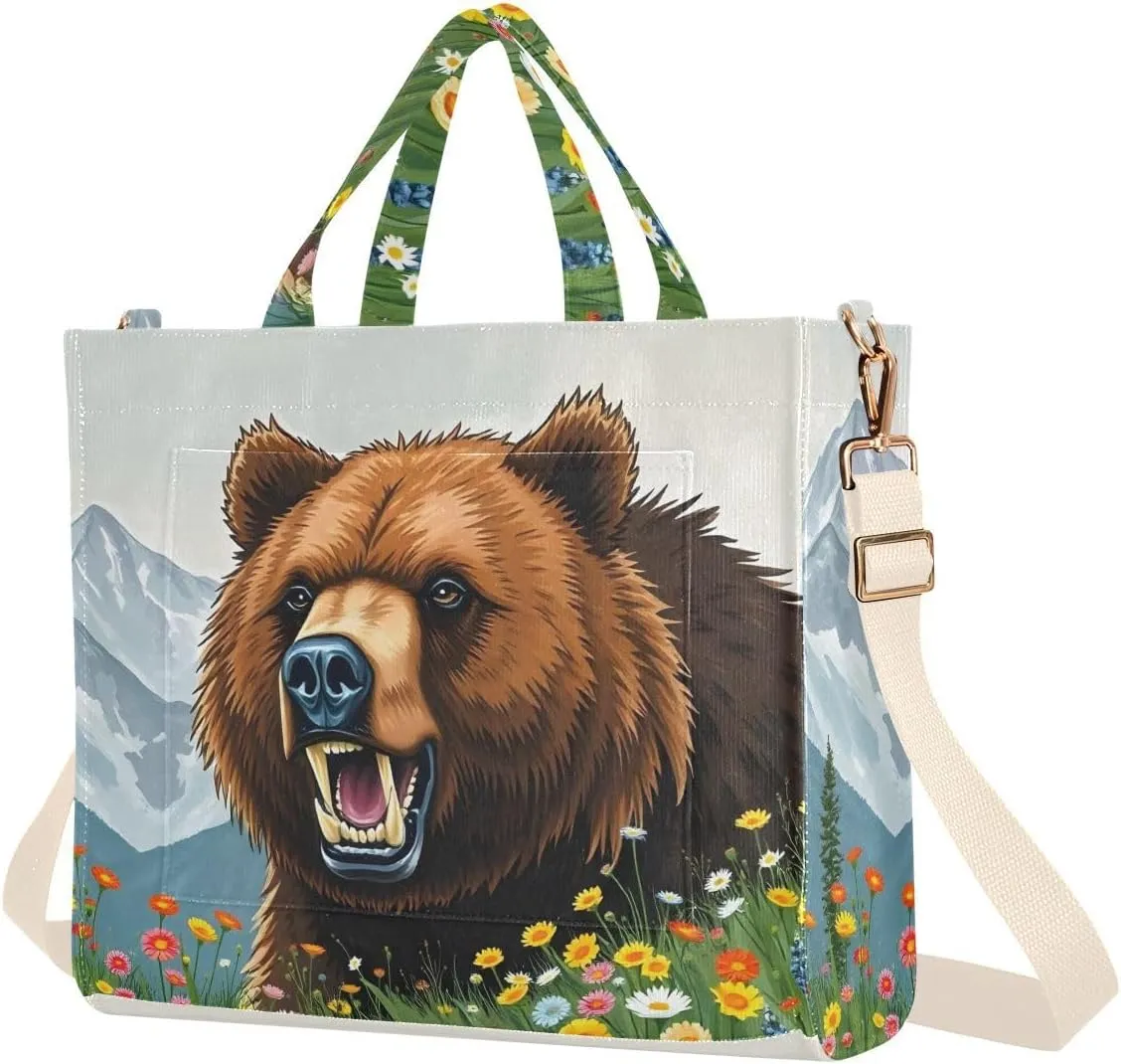 Tusk Bear Corduroy Tote Versatile Shoulder Bag for Women with Zipper Magnetic Clasp