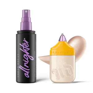 Urban Decay All-Over Liquid Highlighter & Setting Spray Bundle - Face Bond Luminizer (Silver Lake) for Face, Eye, Body Glow - All Nighter Waterproof Setting Spray (4 Fl Oz) for Smudge-Proof Makeup