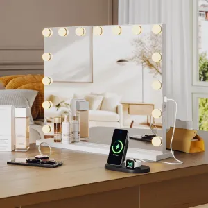 Vanity Mirror with Lights, Hollywood Lighted Vanity Mirror with 15 Dimmable LED Bulbs, 3 Color Modes, USB Charging Port, Light up Mirror with Touch Control for Bedroom, Tabletop, 23" x 18"