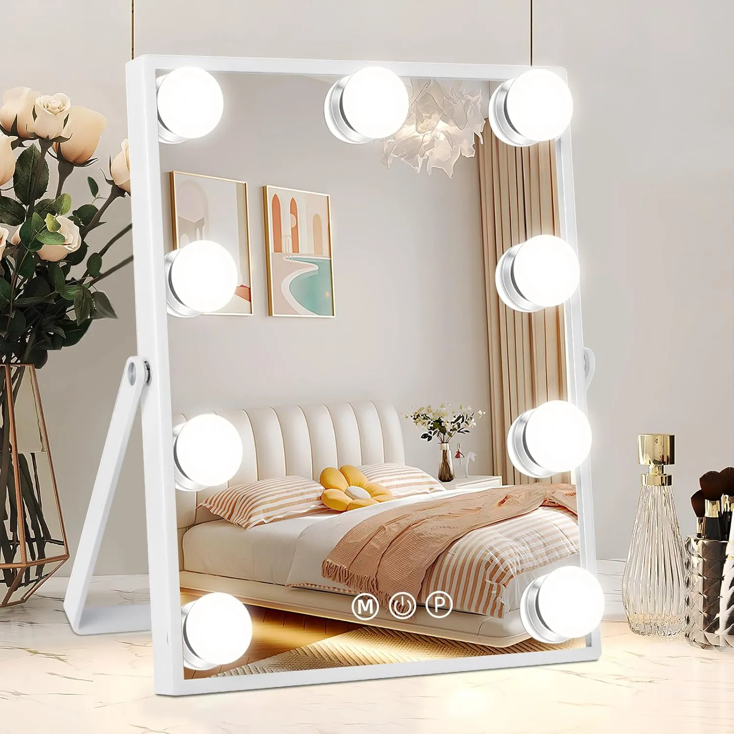 Vanity Mirror with Lights, Hollywood Vanity Makeup Mirror with Lights, Lighted Make Up Mirrors with 9 Dimmable Bulbs, Detachable 10X Magnification, Smart Touch Control, 3 Color Modes (12" L x 10" W)
