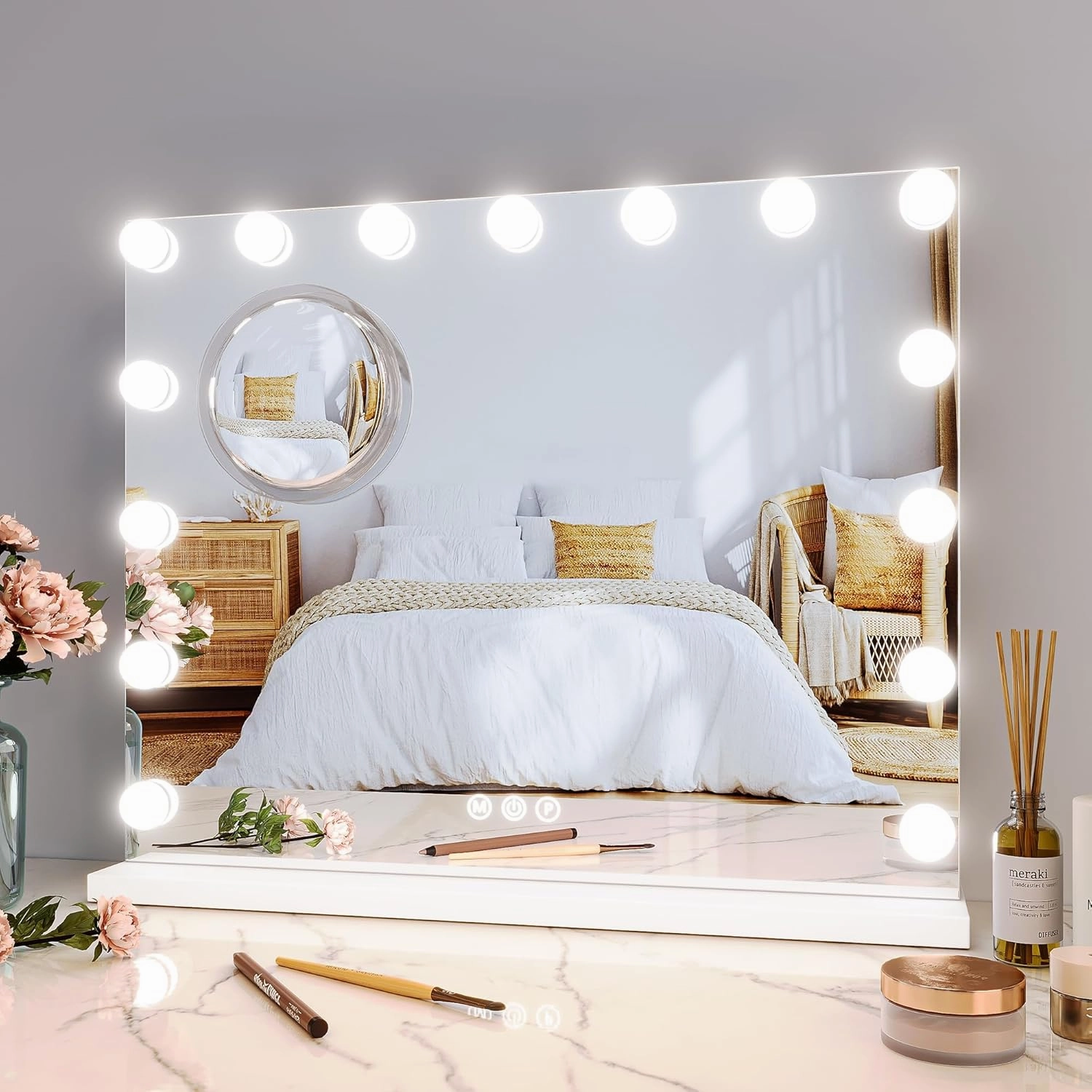 Vanity Mirror with Lights, Equipped with 15 Adjustable LED Lights, Featuring 3X Magnification, Smart Touch Controls with Three Adjustable Color Modes, and a Sleek White Metal Frame for a Modern Look