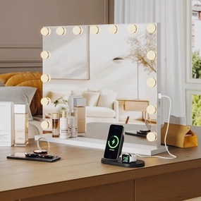 Vanity Mirror with Lights, Equipped with 15 Adjustable LED Lights, Featuring 3X Magnification, Smart Touch Controls with Three Adjustable Color Modes, and a Sleek White Metal Frame for a Modern Look