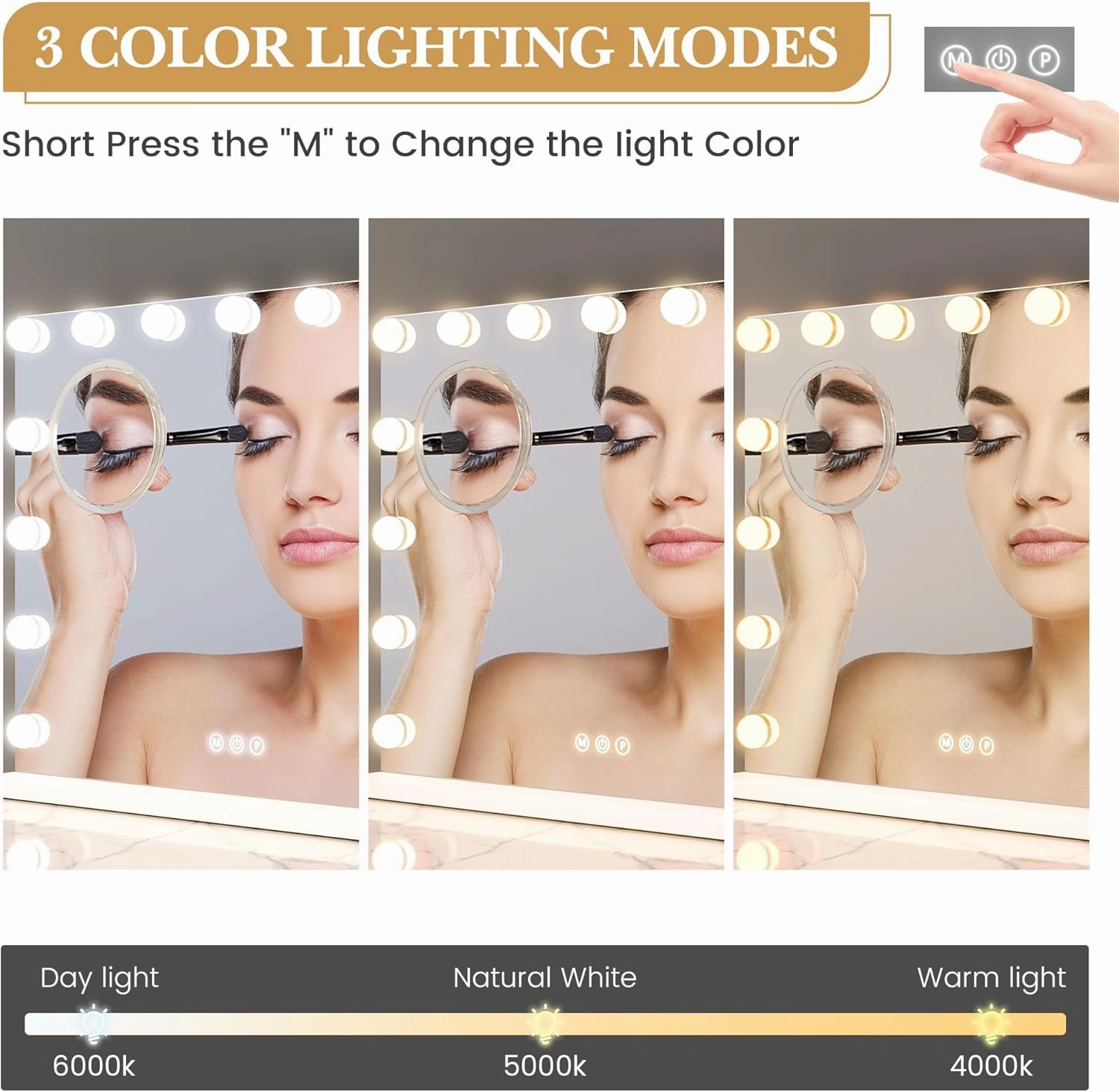 Vanity Mirror with Lights, Equipped with 15 Adjustable LED Lights, Featuring 3X Magnification, Smart Touch Controls with Three Adjustable Color Modes, and a Sleek White Metal Frame for a Modern Look