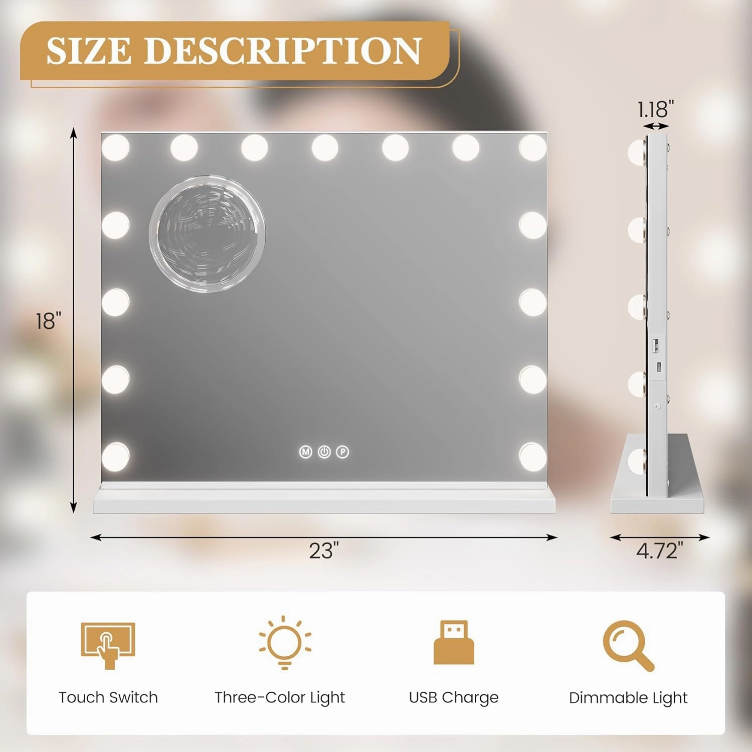 Vanity Mirror with Lights, Equipped with 15 Adjustable LED Lights, Featuring 3X Magnification, Smart Touch Controls with Three Adjustable Color Modes, and a Sleek White Metal Frame for a Modern Look