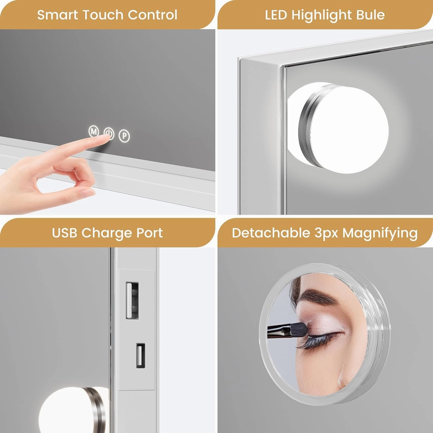 Vanity Mirror with Lights, Equipped with 15 Adjustable LED Lights, Featuring 3X Magnification, Smart Touch Controls with Three Adjustable Color Modes, and a Sleek White Metal Frame for a Modern Look