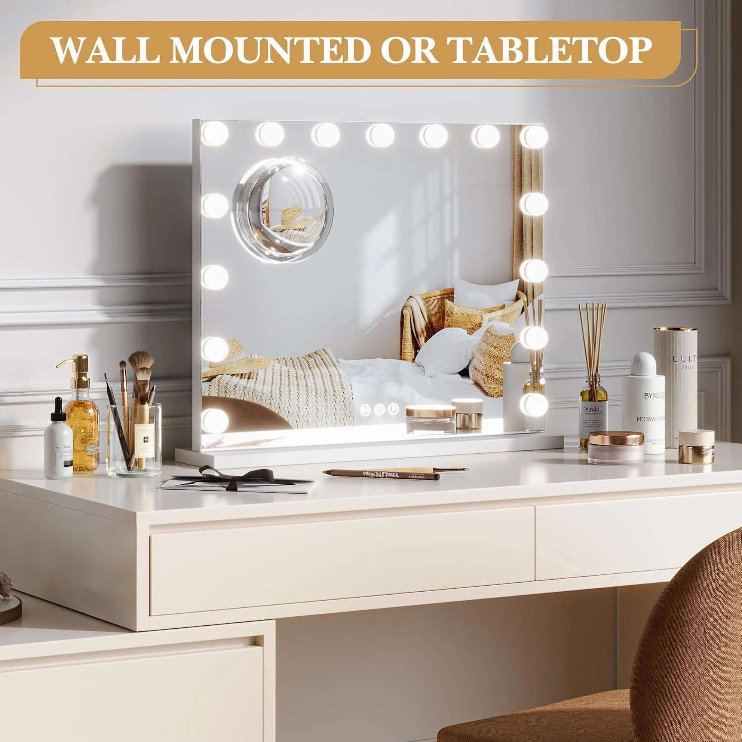 Vanity Mirror with Lights, Equipped with 15 Adjustable LED Lights, Featuring 3X Magnification, Smart Touch Controls with Three Adjustable Color Modes, and a Sleek White Metal Frame for a Modern Look