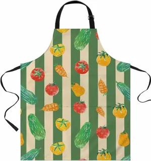 Vegetables Green Stripes Waterproof Apron With Pockets,Farmhouse Tomatoes Cucumbers Carrots Kitchen Chefs Bib Cooking BBQ Grill Bake Adjustable Aprons for Women Home Garden Grooming Painting Gardening