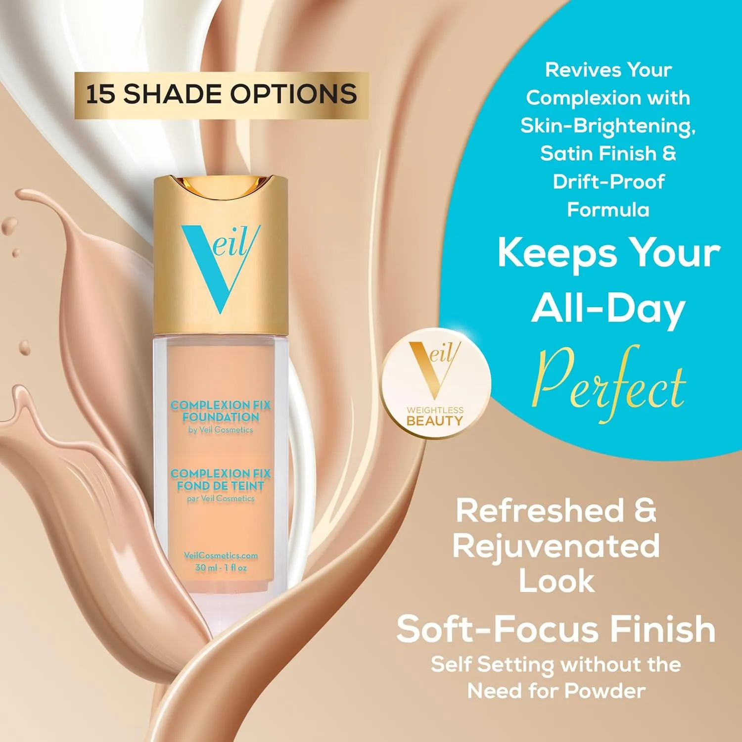 Veil Cosmetics Complexion Fix Liquid Foundation – Buildable Coverage – Water-Resistant, Hypoallergenic, Oil-Free, Cruelty-Free & Vegan – Lightweight & Brightening (1N Porcelain Neutral)