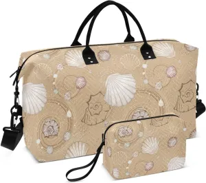 VIGTRO Travel Duffel Bag Weekender Overnight Bag with Toiletry Bag Brown Beige Sea Shell Sandy Printed, Carry On Luggage Bag for Hospital Gym Travel Business, 2 Pcs Set