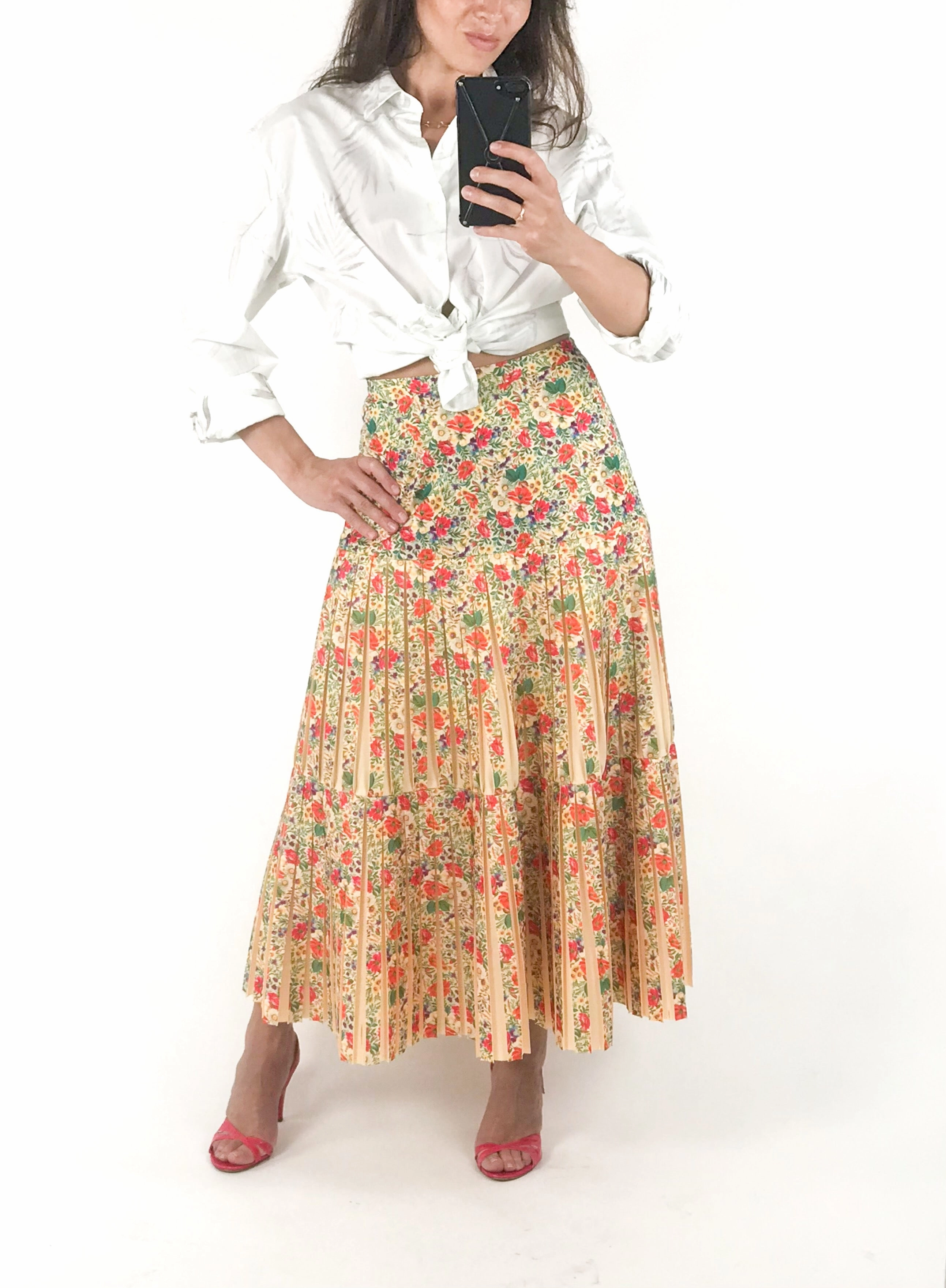 Vintage Floral Pleated Fit And Flare Midi Skirt, EU 36, US 6