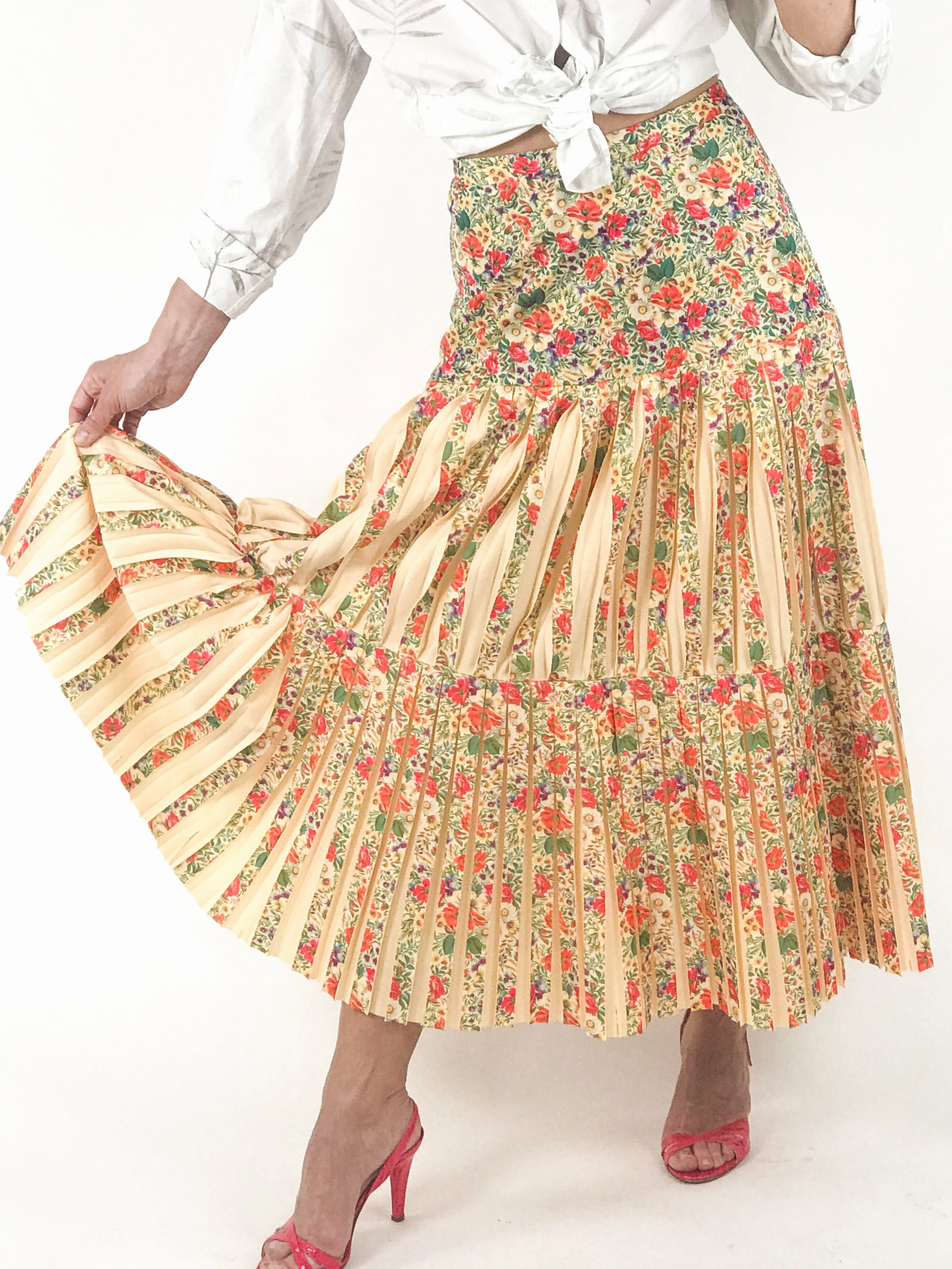 Vintage Floral Pleated Fit And Flare Midi Skirt, EU 36, US 6