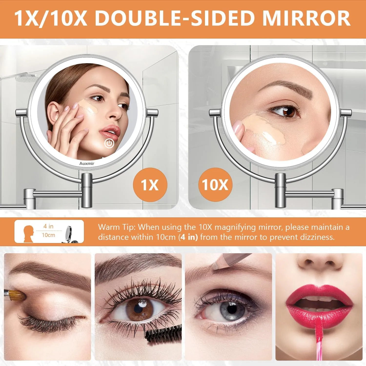 Wall Mounted Lighted Makeup Mirror, 8" Double Sided 1X/10X Magnifying Vanity Mirror, 3 Color Lights, Touch Dimmable Bathroom Cosmetic Mirror with 360 Swivel Extendable Arm, Plug-in, Chrome