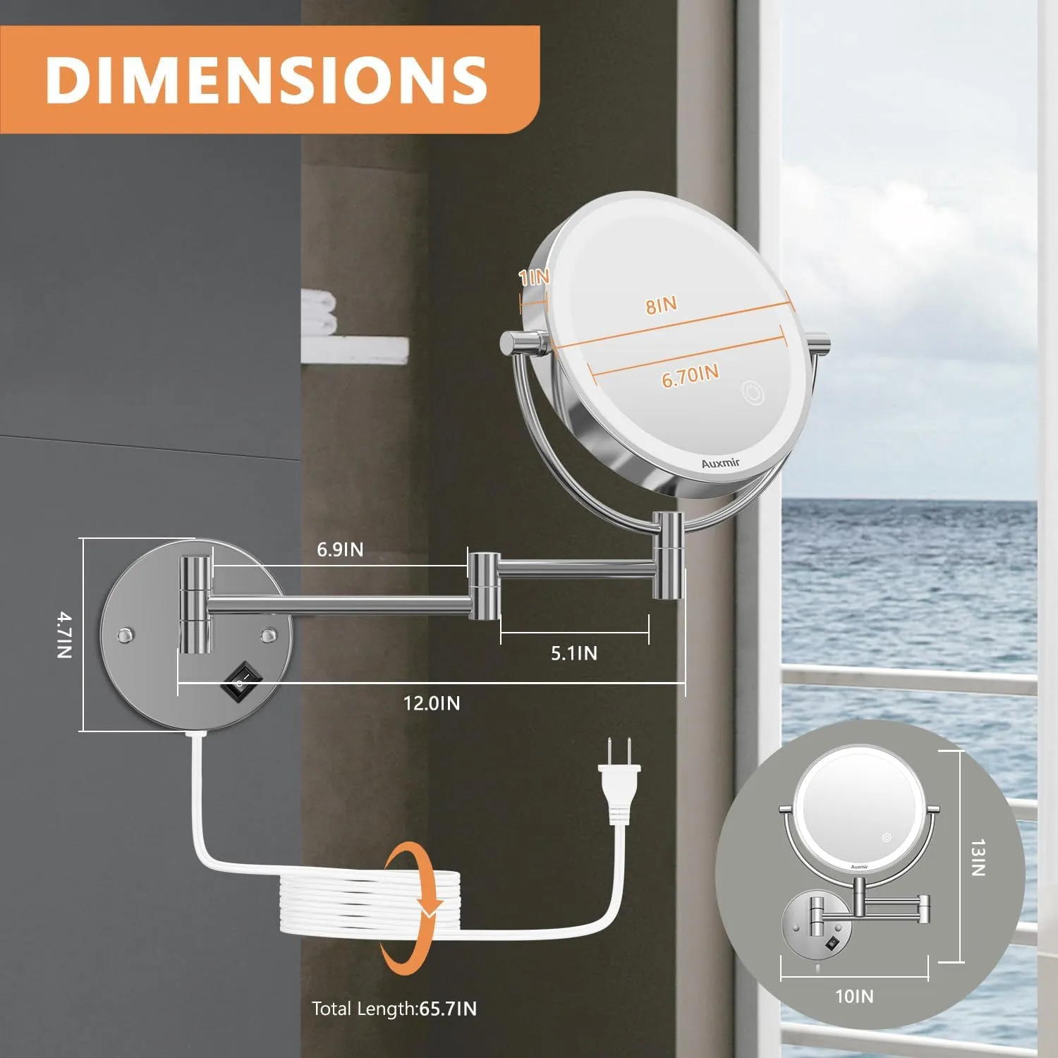 Wall Mounted Lighted Makeup Mirror, 8" Double Sided 1X/10X Magnifying Vanity Mirror, 3 Color Lights, Touch Dimmable Bathroom Cosmetic Mirror with 360 Swivel Extendable Arm, Plug-in, Chrome