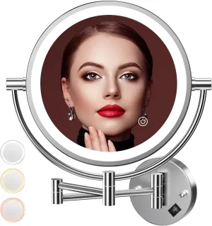Wall Mounted Lighted Makeup Mirror, 8" Double Sided 1X/10X Magnifying Vanity Mirror, 3 Color Lights, Touch Dimmable Bathroom Cosmetic Mirror with 360 Swivel Extendable Arm, Plug-in, Chrome