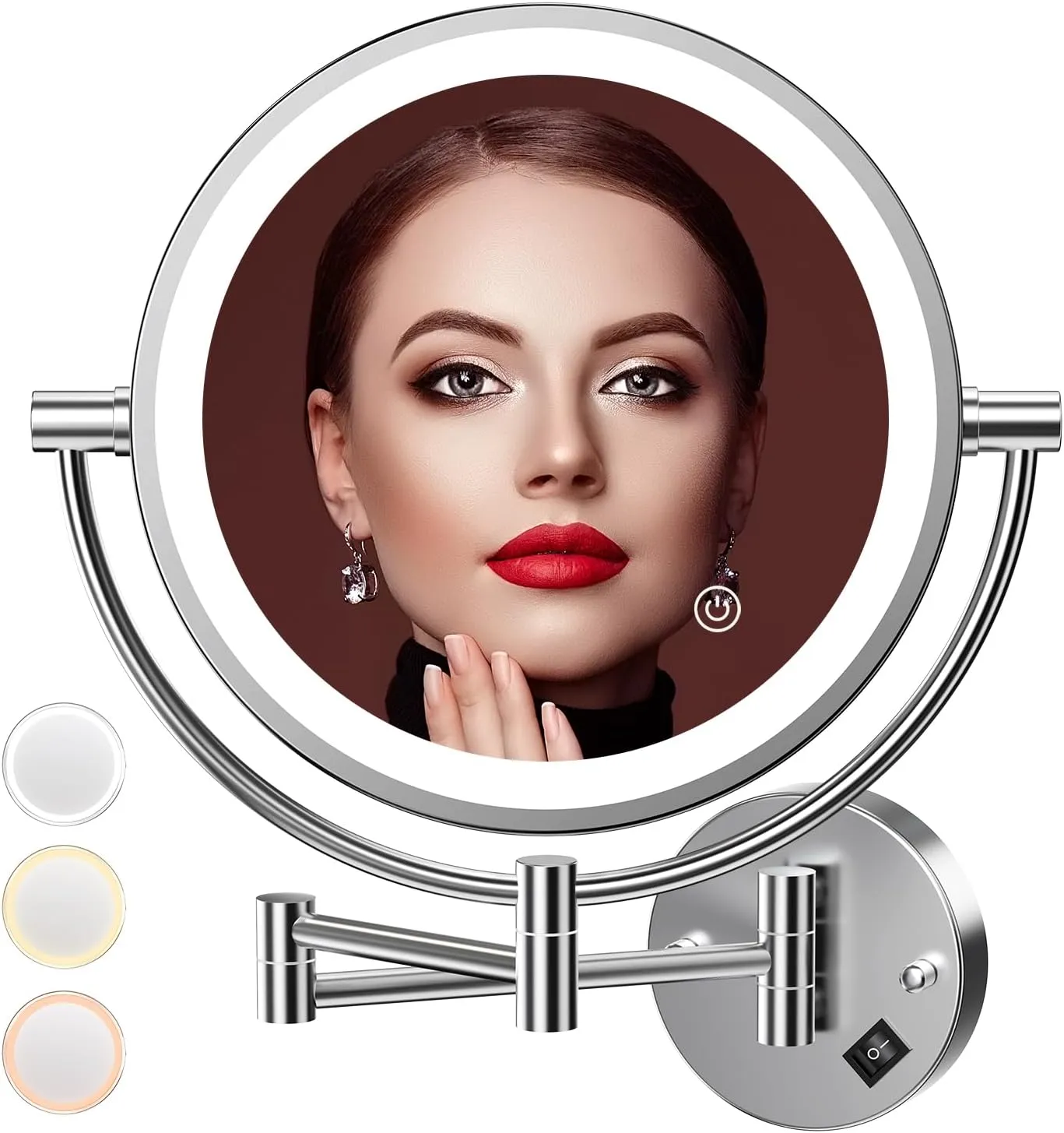 Wall Mounted Lighted Makeup Mirror, 8" Double Sided 1X/10X Magnifying Vanity Mirror, 3 Color Lights, Touch Dimmable Bathroom Cosmetic Mirror with 360 Swivel Extendable Arm, Plug-in, Chrome