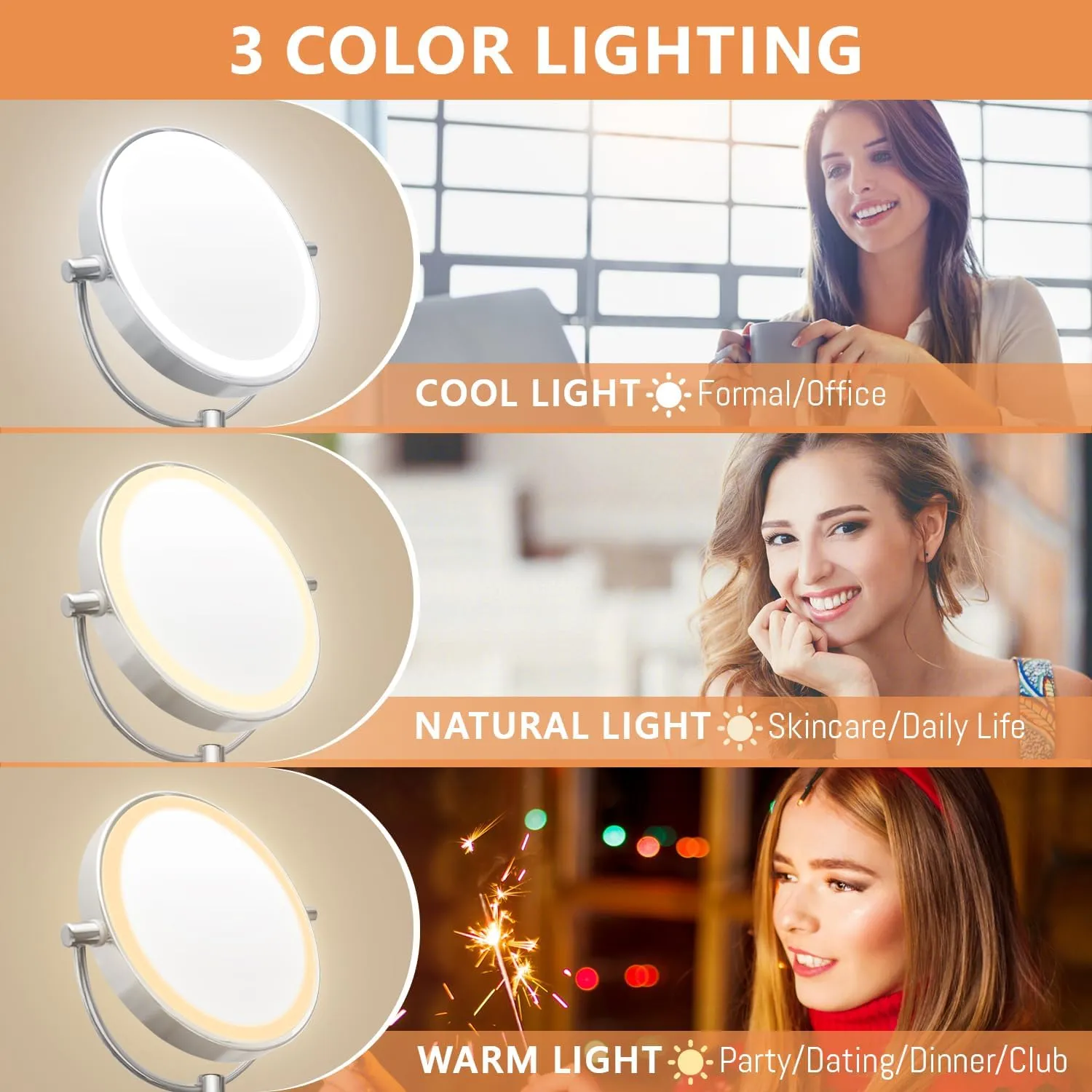 Wall Mounted Lighted Makeup Mirror, 8" Double Sided 1X/10X Magnifying Vanity Mirror, 3 Color Lights, Touch Dimmable Bathroom Cosmetic Mirror with 360 Swivel Extendable Arm, Plug-in, Chrome