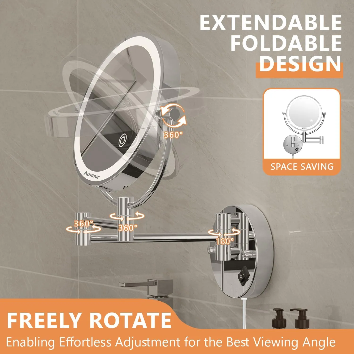 Wall Mounted Lighted Makeup Mirror, 8" Double Sided 1X/10X Magnifying Vanity Mirror, 3 Color Lights, Touch Dimmable Bathroom Cosmetic Mirror with 360 Swivel Extendable Arm, Plug-in, Chrome