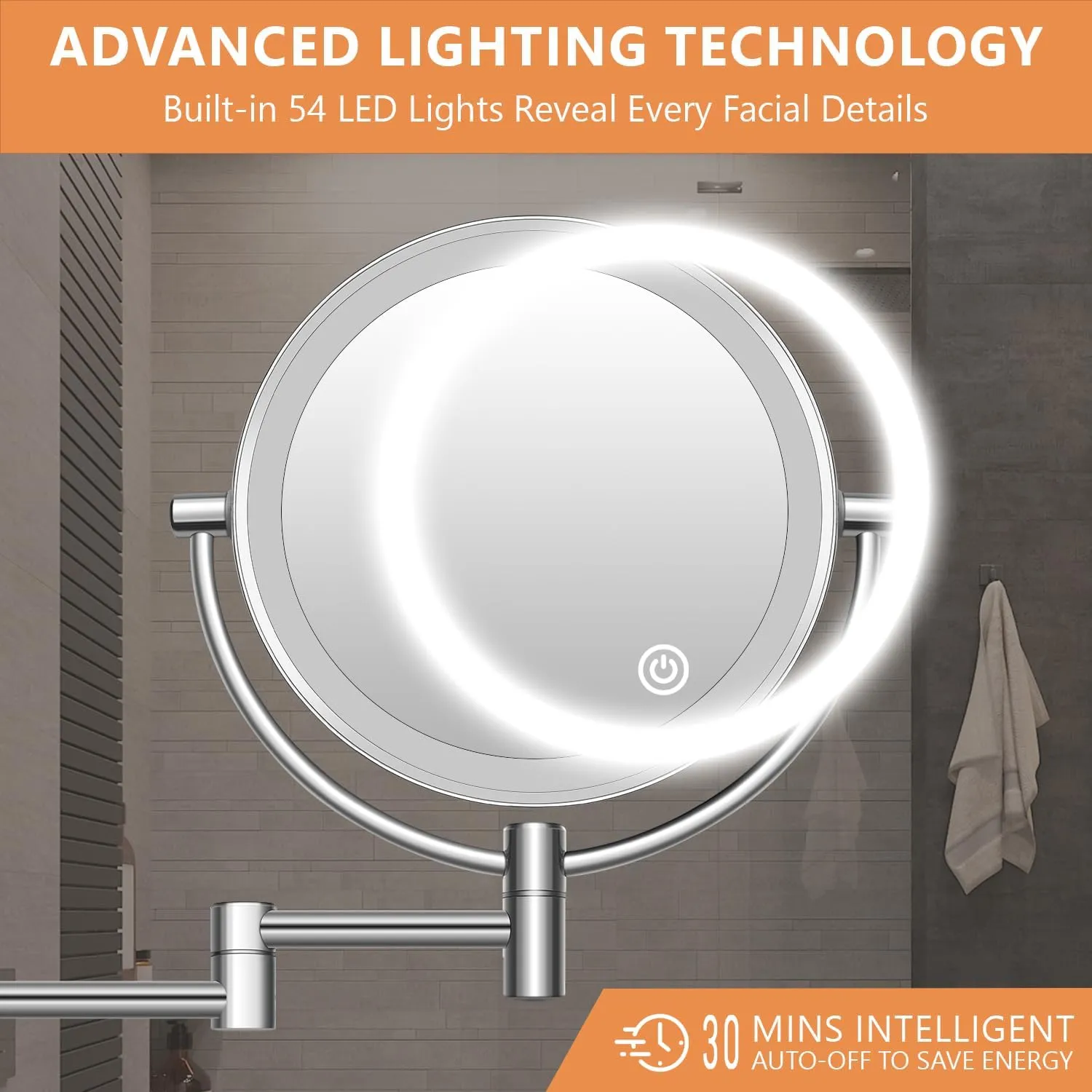 Wall Mounted Lighted Makeup Mirror, 8" Double Sided 1X/10X Magnifying Vanity Mirror, 3 Color Lights, Touch Dimmable Bathroom Cosmetic Mirror with 360 Swivel Extendable Arm, Plug-in, Chrome
