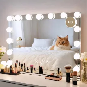 Wall-Mounted Mirror Vanity Mirror with Lights 22.8" x 18.2" White Makeup Mirror Hollywood Mirror with 15 Dimmable LED Bulbs 3 Color Modes 10X Magnification & USB Charging Port