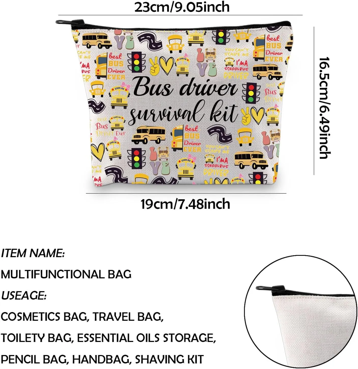 WCGXKO School Bus Driver Gift End Of Term School Bus Driver Gift School Bus Driver Survival Kit Cosmetics Bag (Bus Driver ever), Beige