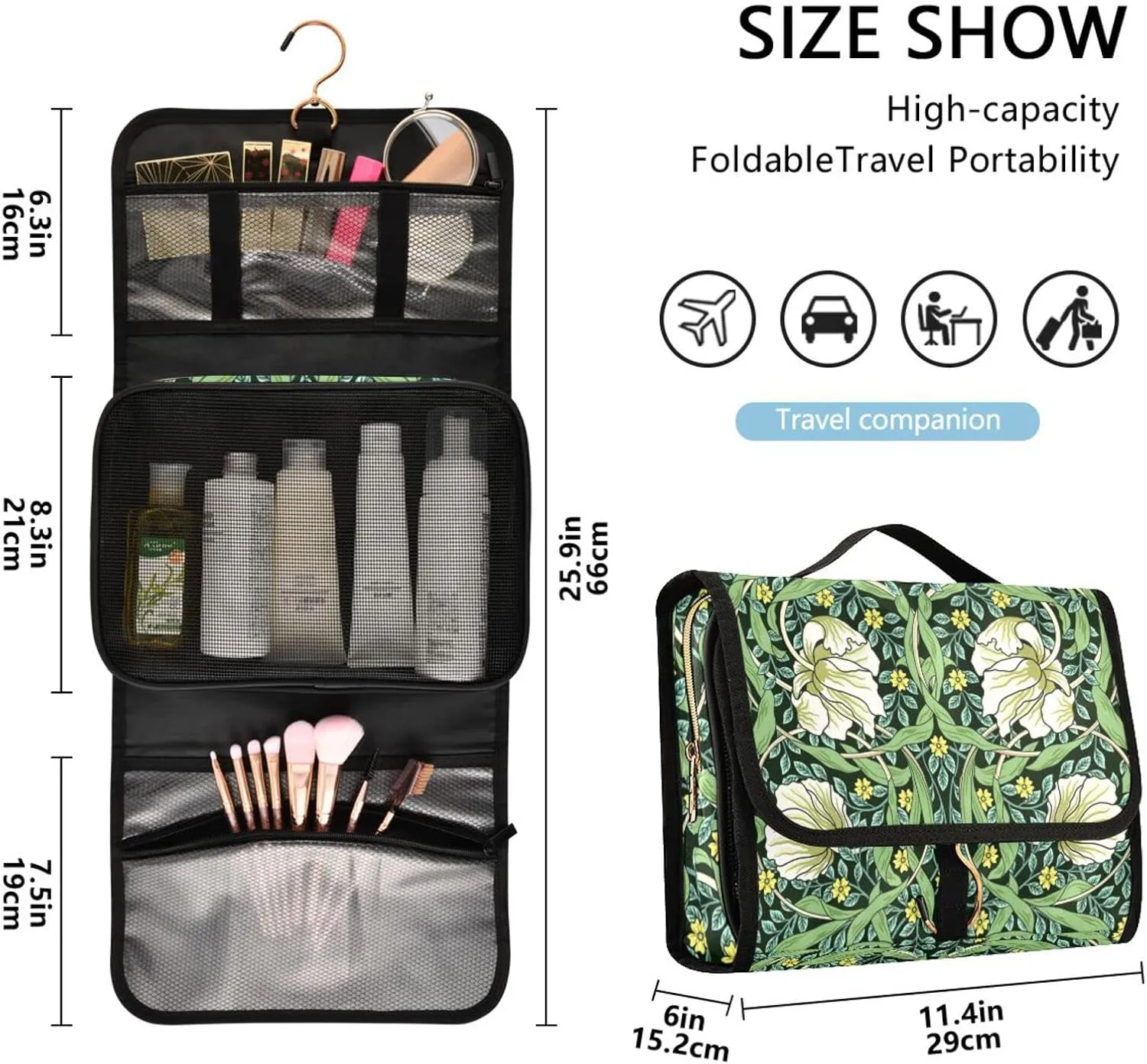 William Morris White Flowers, Yellow Flowers, Green Foliage Leaves 3 PCs Set Toiletry bags, 1 Women's Travel Cosmetic Bag, 1 Hanging Toiletry Wash Bag, 1 Brush Case, Portable Makeup Storage Case