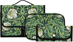 William Morris White Flowers, Yellow Flowers, Green Foliage Leaves 3 PCs Set Toiletry bags, 1 Women's Travel Cosmetic Bag, 1 Hanging Toiletry Wash Bag, 1 Brush Case, Portable Makeup Storage Case