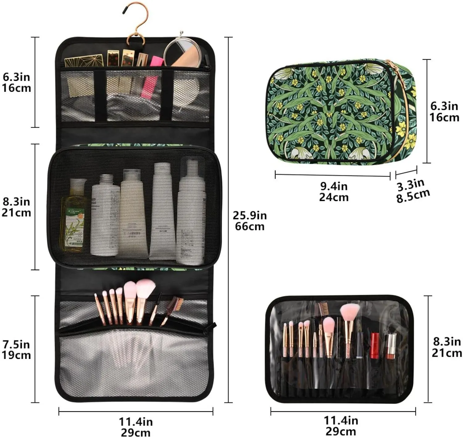 William Morris White Flowers, Yellow Flowers, Green Foliage Leaves 3 PCs Set Toiletry bags, 1 Women's Travel Cosmetic Bag, 1 Hanging Toiletry Wash Bag, 1 Brush Case, Portable Makeup Storage Case
