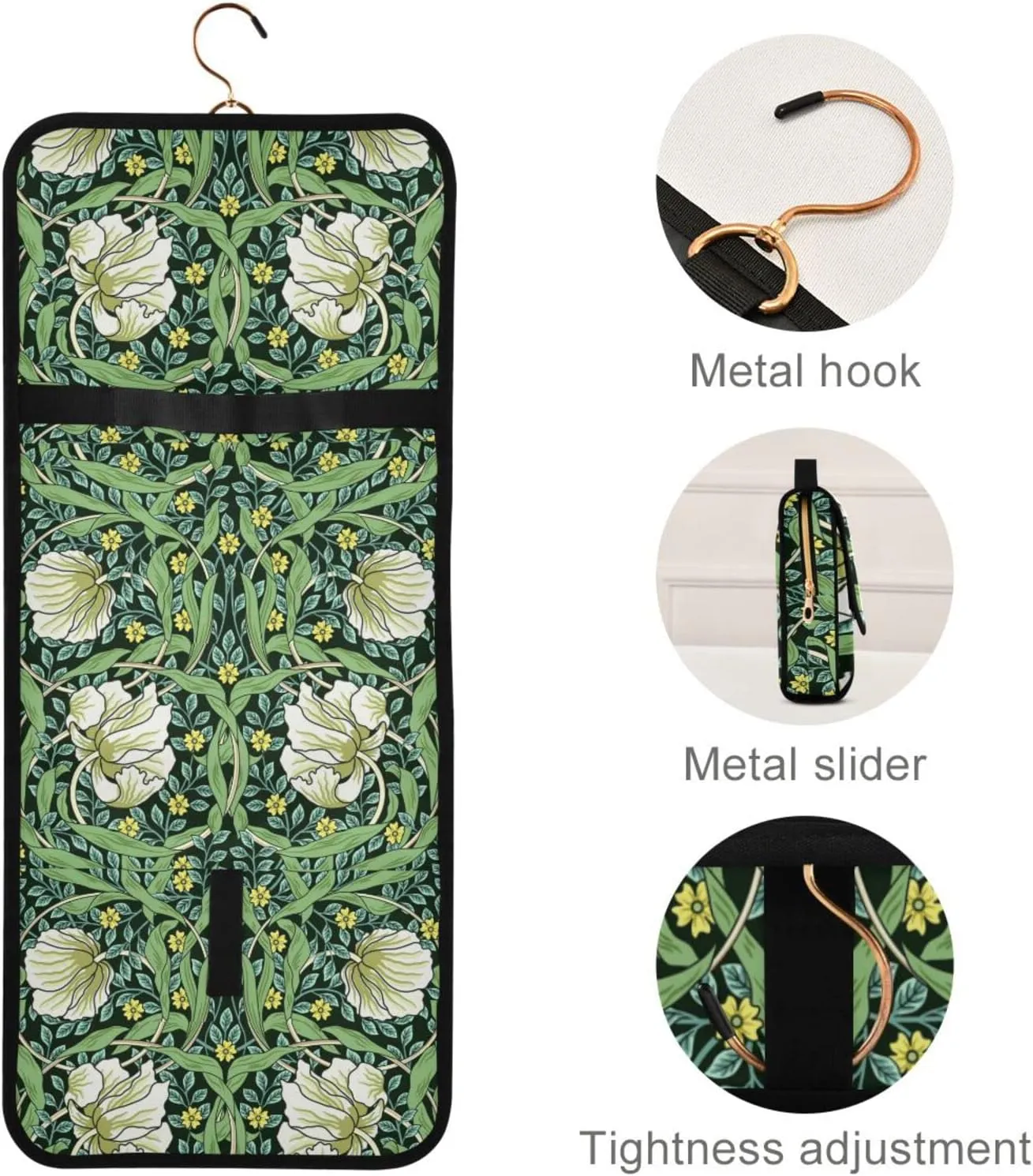 William Morris White Flowers, Yellow Flowers, Green Foliage Leaves 3 PCs Set Toiletry bags, 1 Women's Travel Cosmetic Bag, 1 Hanging Toiletry Wash Bag, 1 Brush Case, Portable Makeup Storage Case