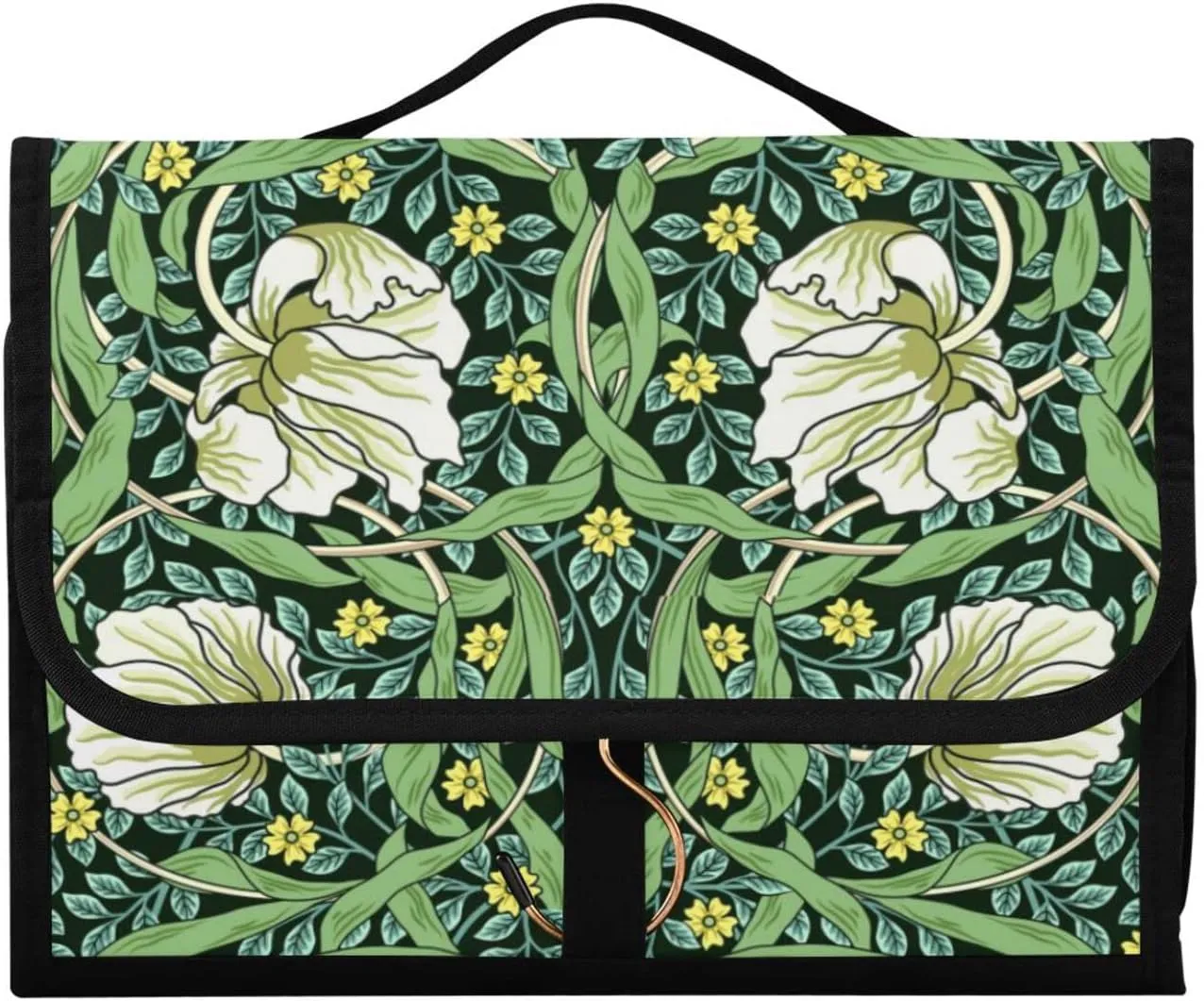 William Morris White Flowers, Yellow Flowers, Green Foliage Leaves 3 PCs Set Toiletry bags, 1 Women's Travel Cosmetic Bag, 1 Hanging Toiletry Wash Bag, 1 Brush Case, Portable Makeup Storage Case