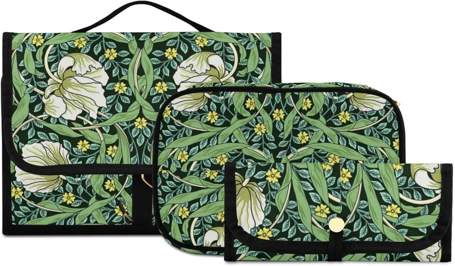 William Morris White Flowers, Yellow Flowers, Green Foliage Leaves 3 PCs Set Toiletry bags, 1 Women's Travel Cosmetic Bag, 1 Hanging Toiletry Wash Bag, 1 Brush Case, Portable Makeup Storage Case