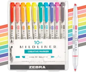 Zebra Pen Mildliner Double-Ended Highlighter Set, Broad and Fine Point Tips, Ideal for Bible Highlighting, No Bleed, Assorted Refresh and Friendly Ink Colors, 10-Pack (78501)
