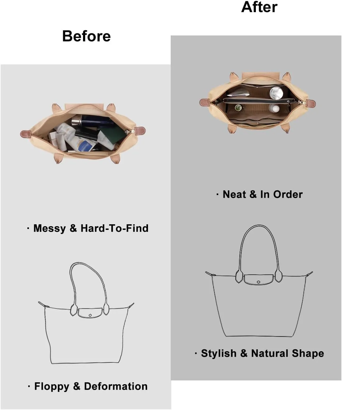 ZTUJO Purse Organizer Insert For Handbags,Mesh Bag Organizer Insert With Zipper Bag Tote Shaper Fit Speedy Neverful PM MM le Pliage,Light Weight (Beige, Medium)