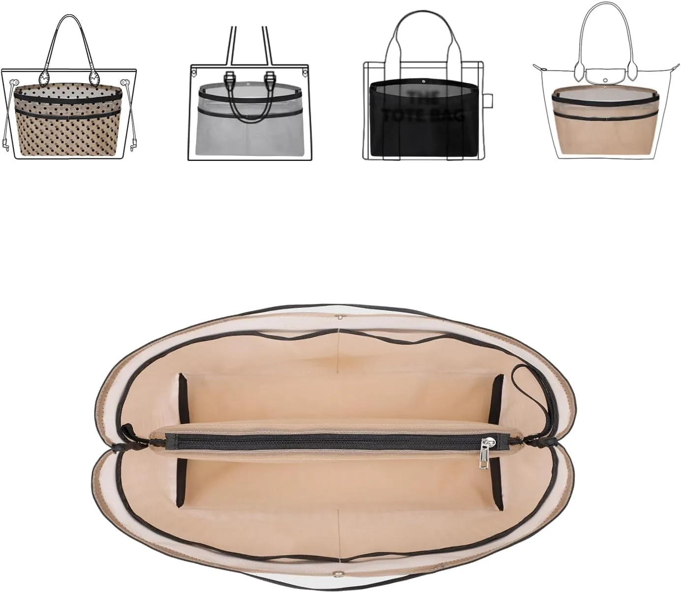 ZTUJO Purse Organizer Insert For Handbags,Mesh Bag Organizer Insert With Zipper Bag Tote Shaper Fit Speedy Neverful PM MM le Pliage,Light Weight (Beige, Medium)