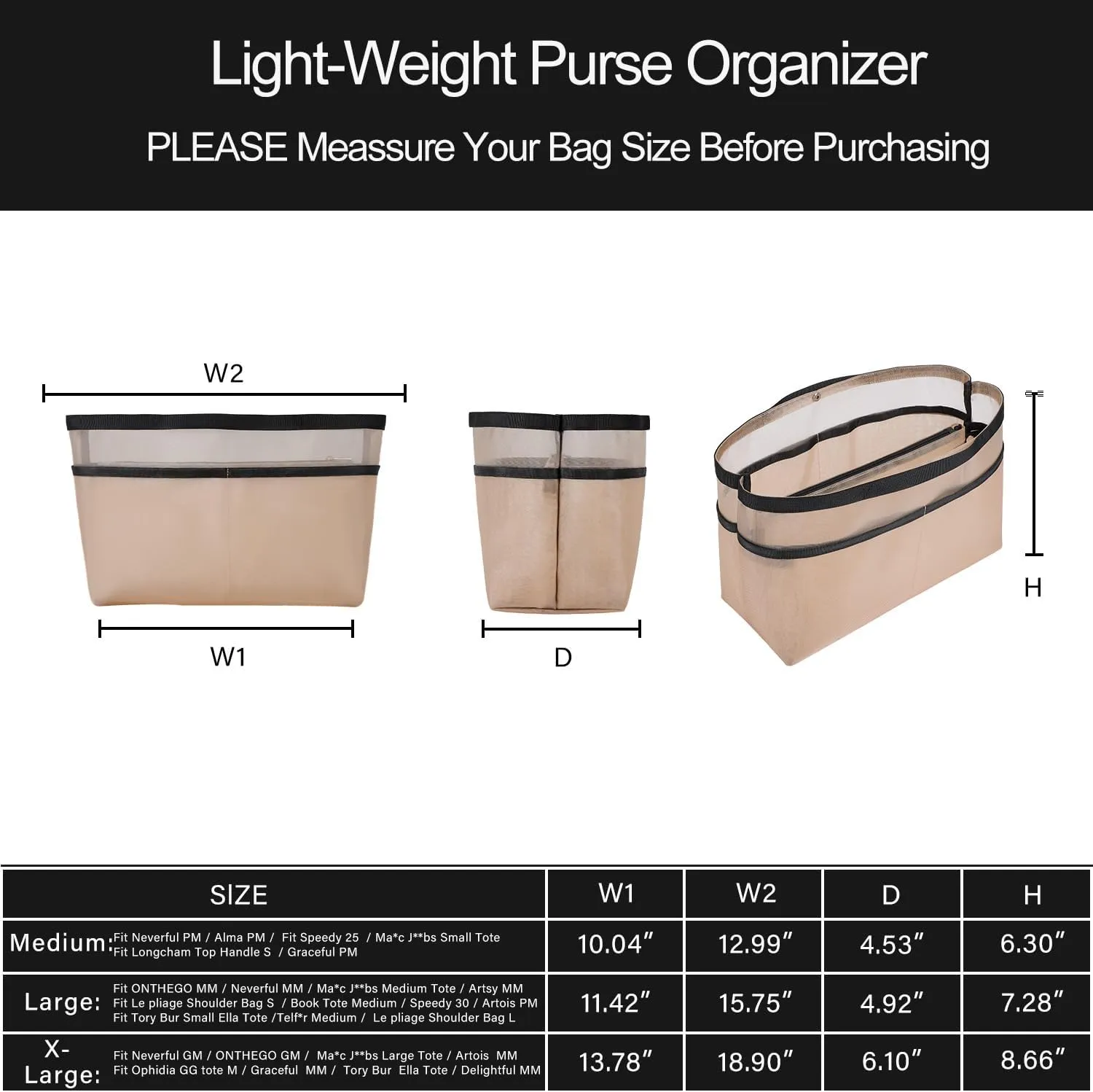 ZTUJO Purse Organizer Insert For Handbags,Mesh Bag Organizer Insert With Zipper Bag Tote Shaper Fit Speedy Neverful PM MM le Pliage,Light Weight (Beige, Medium)