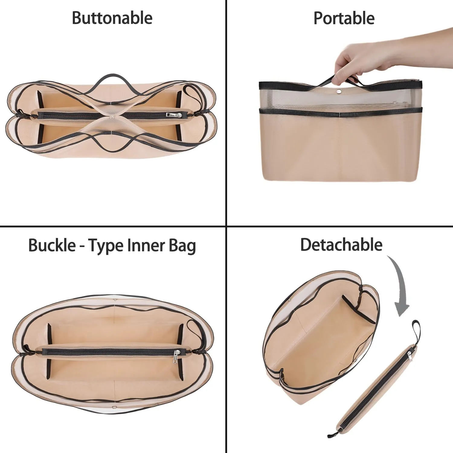 ZTUJO Purse Organizer Insert For Handbags,Mesh Bag Organizer Insert With Zipper Bag Tote Shaper Fit Speedy Neverful PM MM le Pliage,Light Weight (Beige, Medium)